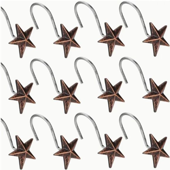 NEW! Primitive Star Bronze Color Shower Hooks Set of 12 Country Farmhouse Rustic - Picture 2 of 4